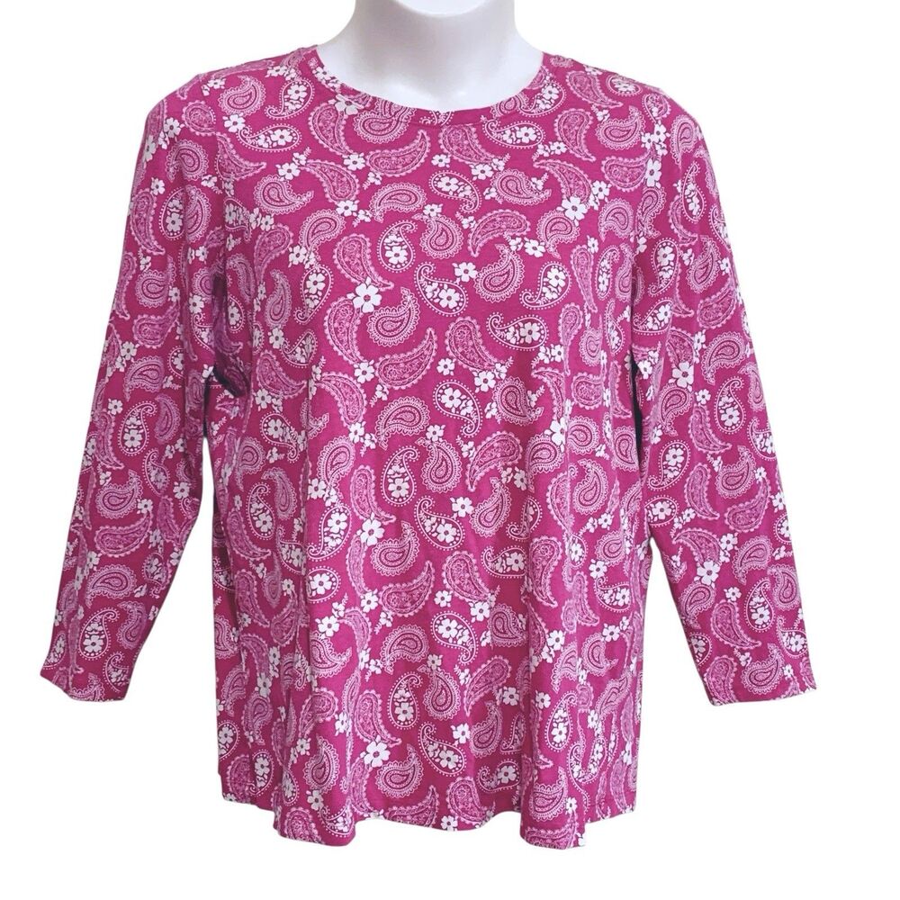 Woman Within Top Womens Size 18/20 Pink White Paisley Long Sleeve Knit Stretch
